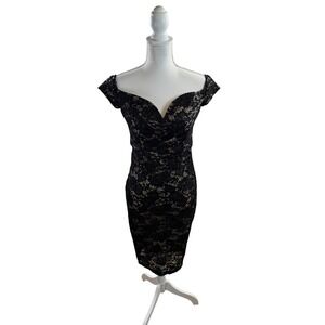 Bisou Bisou Black Sequin and Lace Dress Michele Bohbot Cap Sleeve Midi Size 10